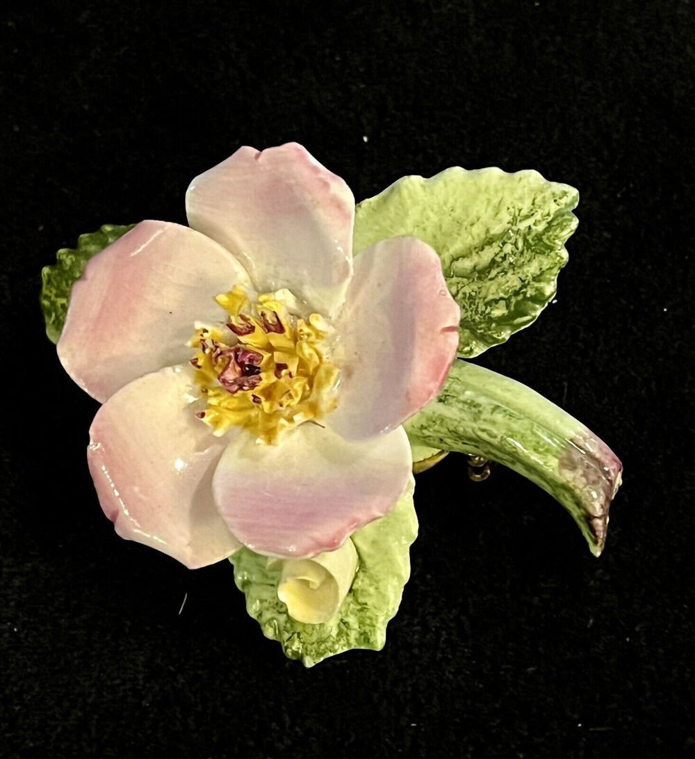 Vintage Ceramic Pink Flower Brooch Hand Painted Estate Jewelry Beautiful 2” Pin